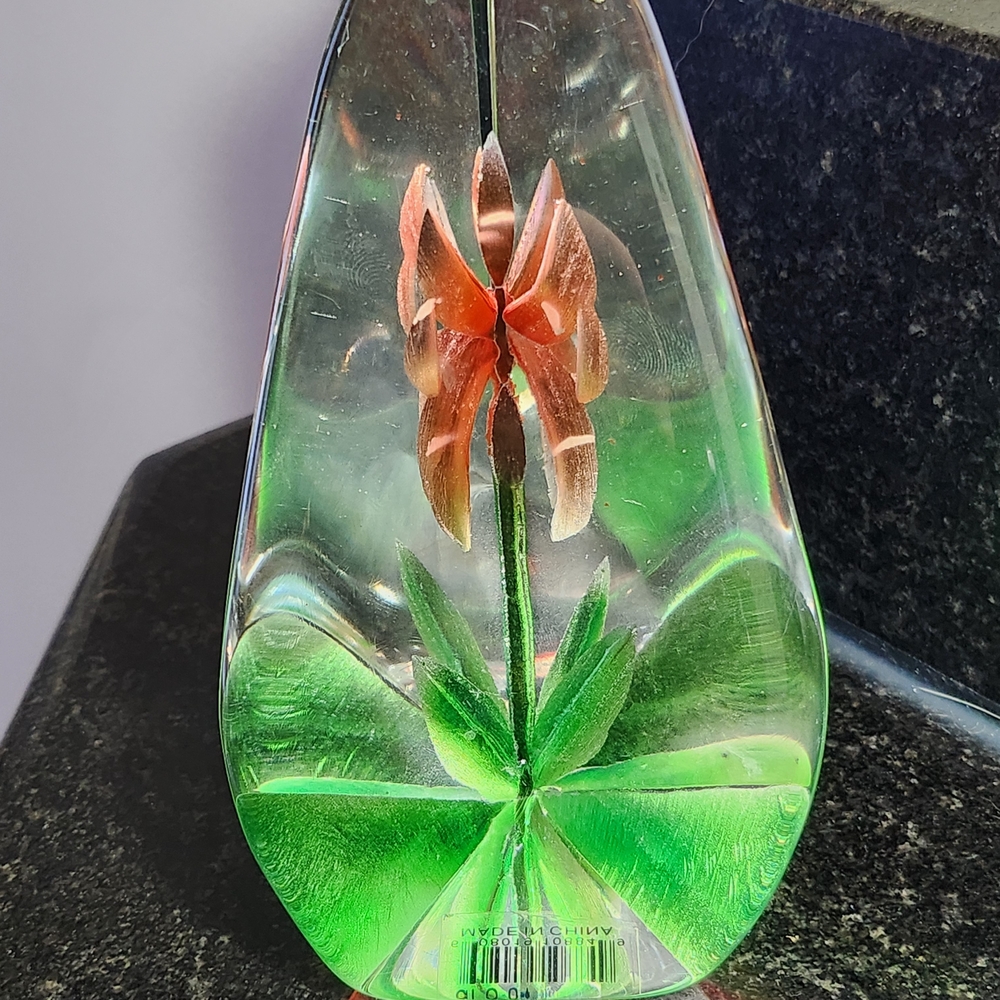 Vibrant Glass Art with Green and Orange Floral Design